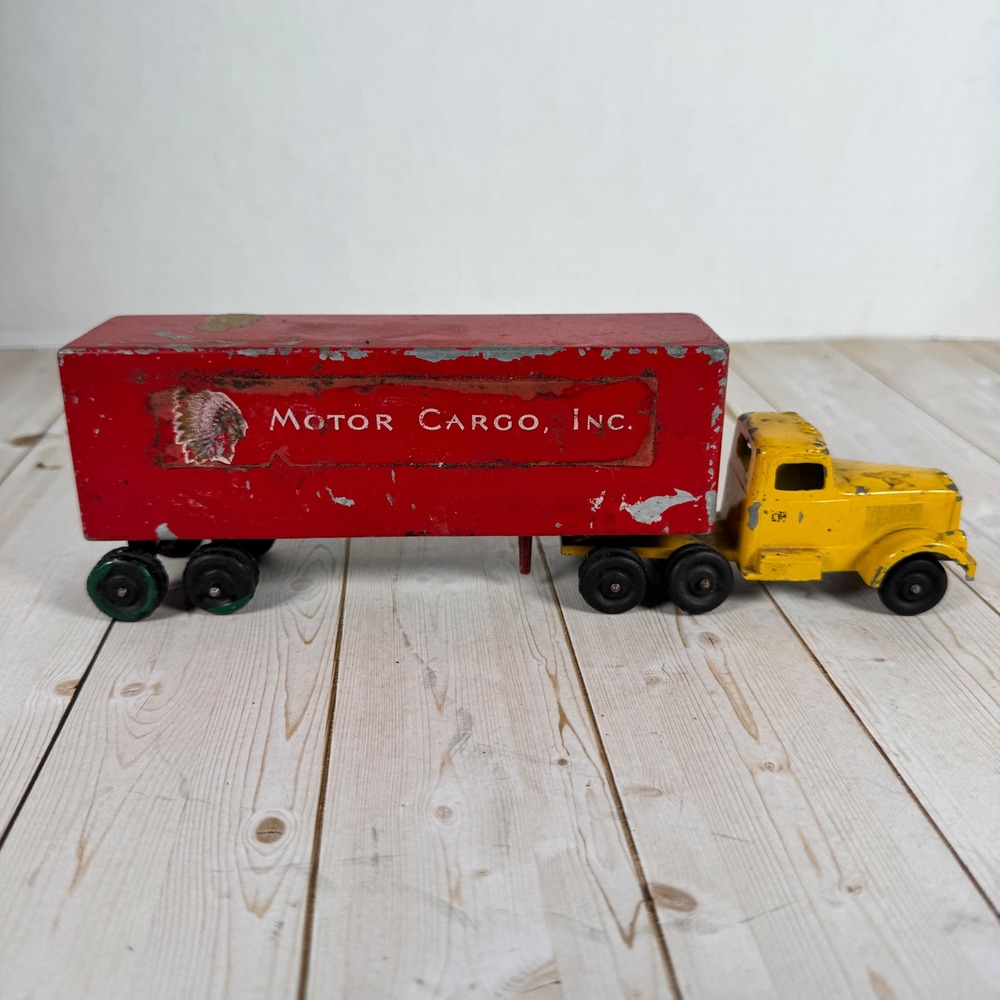 Vintage Ralstoy Pressed Steel Semi Truck Yellow Cab Red Trailer 1950s